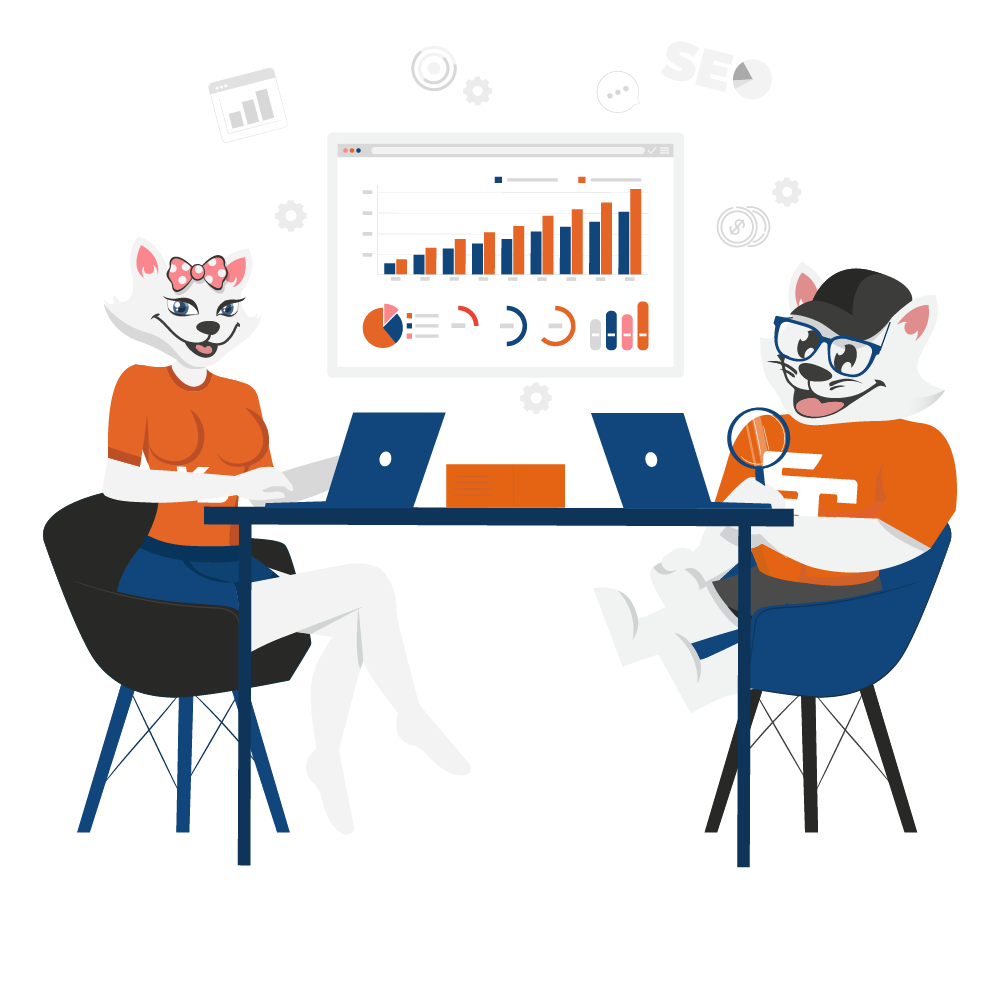 Rudy SuperCat and Kitty Boost performing an SEO audit on your website