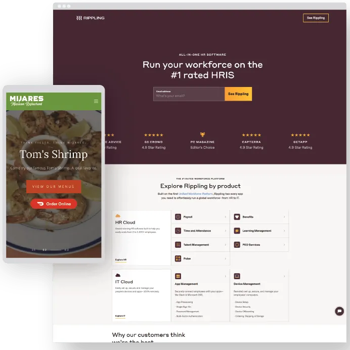 Split-screen image showing a desktop version of an HRMS software company website and a mobile version of a restaurant site, both designed by Digital SuperCat
